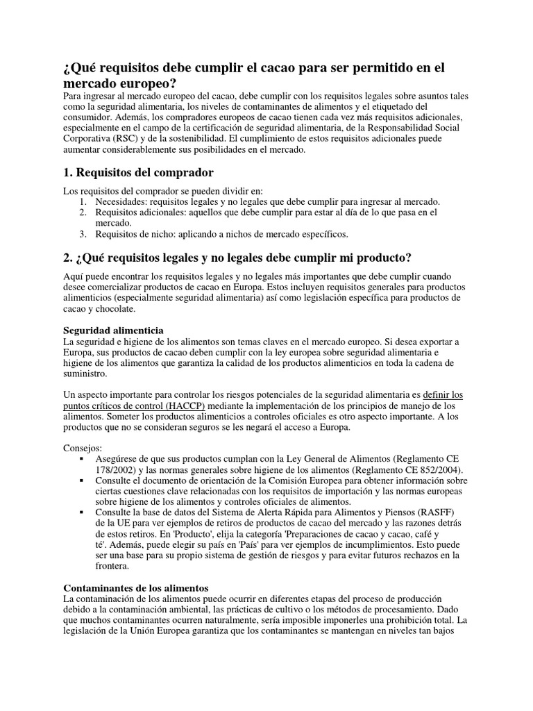 Requirements EU Cacao in Spanish PDF Seguridad alimenticia