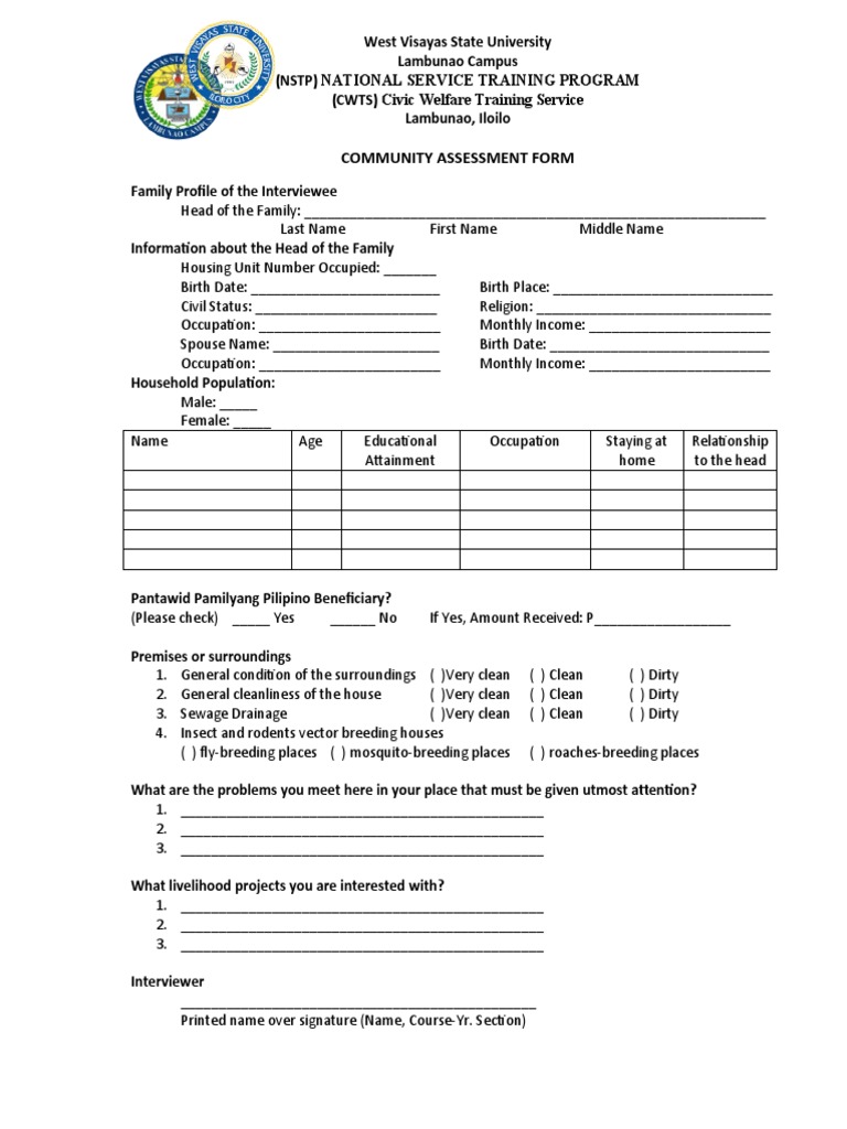 Community Assessment Form - NSTP CWTS | PDF | Social Science