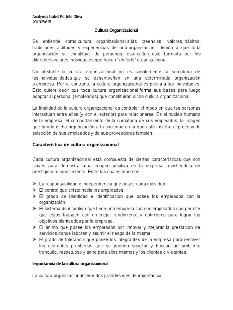 Importancia de la Cultura Organizacional | PDF | Cultura organizacional ...