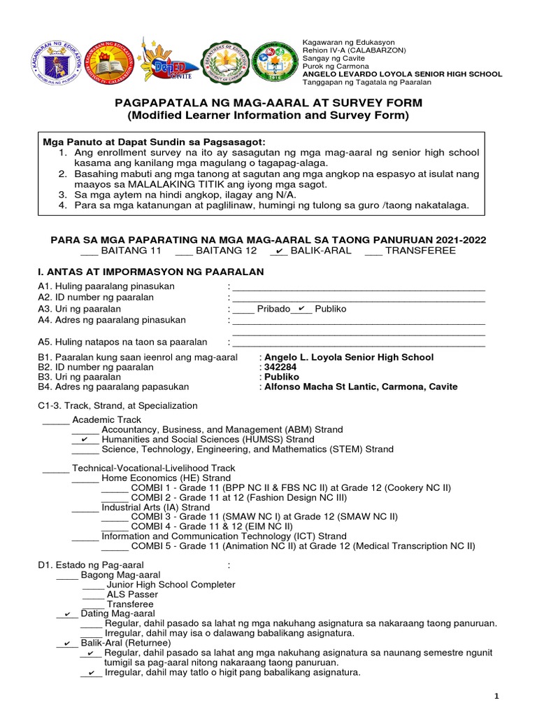 Pagpapatala NG Mag-Aaral at Survey Form (Modified Learner Information ...