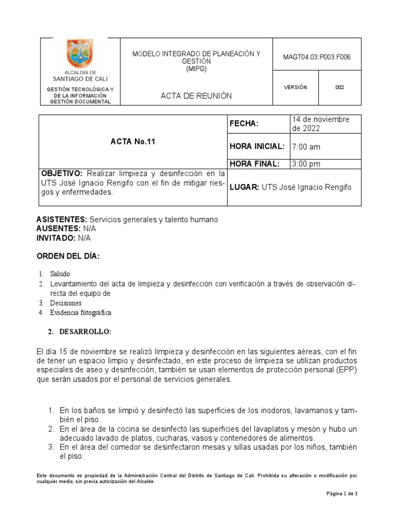 Acta de Limpieza UTS José Ignacio Rengifo | PDF