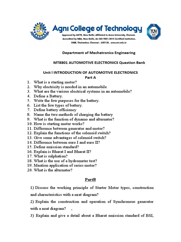 MT 8801 Automotive Electronics Question Bank VIII Semester PDF