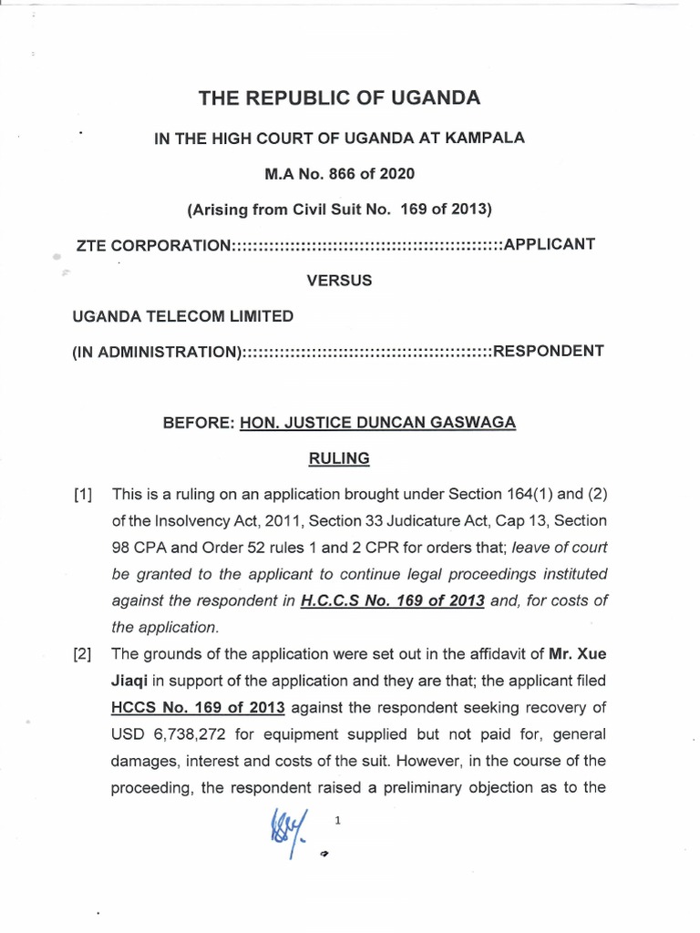 ZTE Corp Vs Ug Telcom LTD | PDF