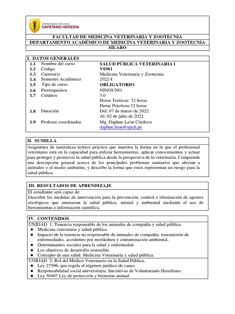 Salud Pública Veterinaria I: Sílabus 2022 | PDF | Evaluación | Medicina ...