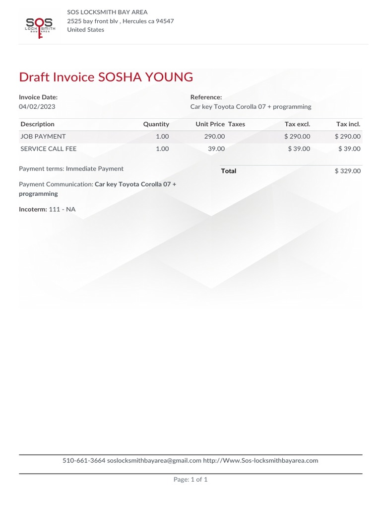 Invoice for Car Key Service | PDF