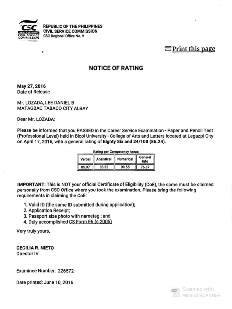 CSC Exam - Notice of Rating | PDF