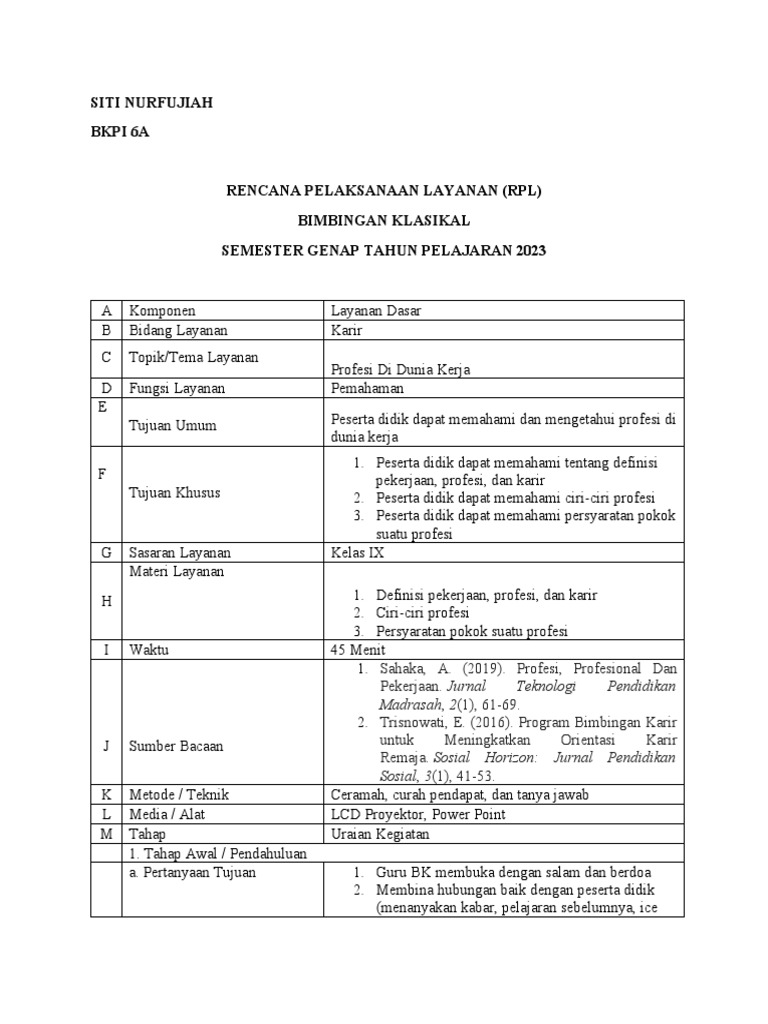 Rencana Layanan Bimbingan Karir Kelas IX | PDF