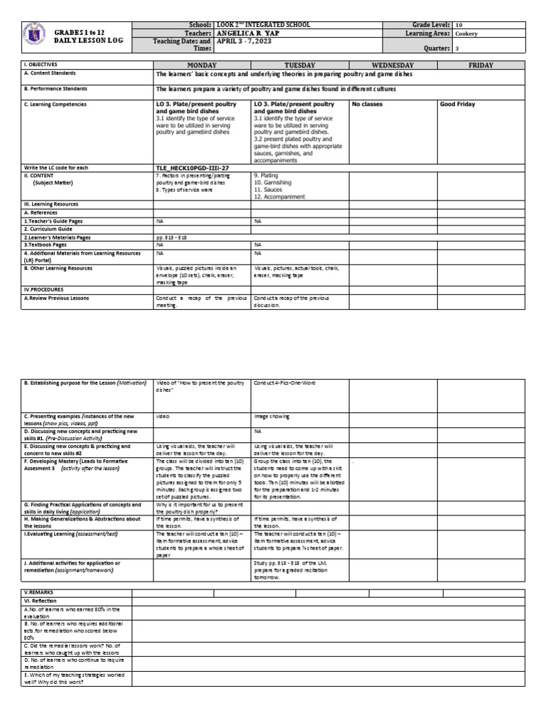 Cookery 10: Poultry Presentation Skills | PDF | Educational Assessment ...