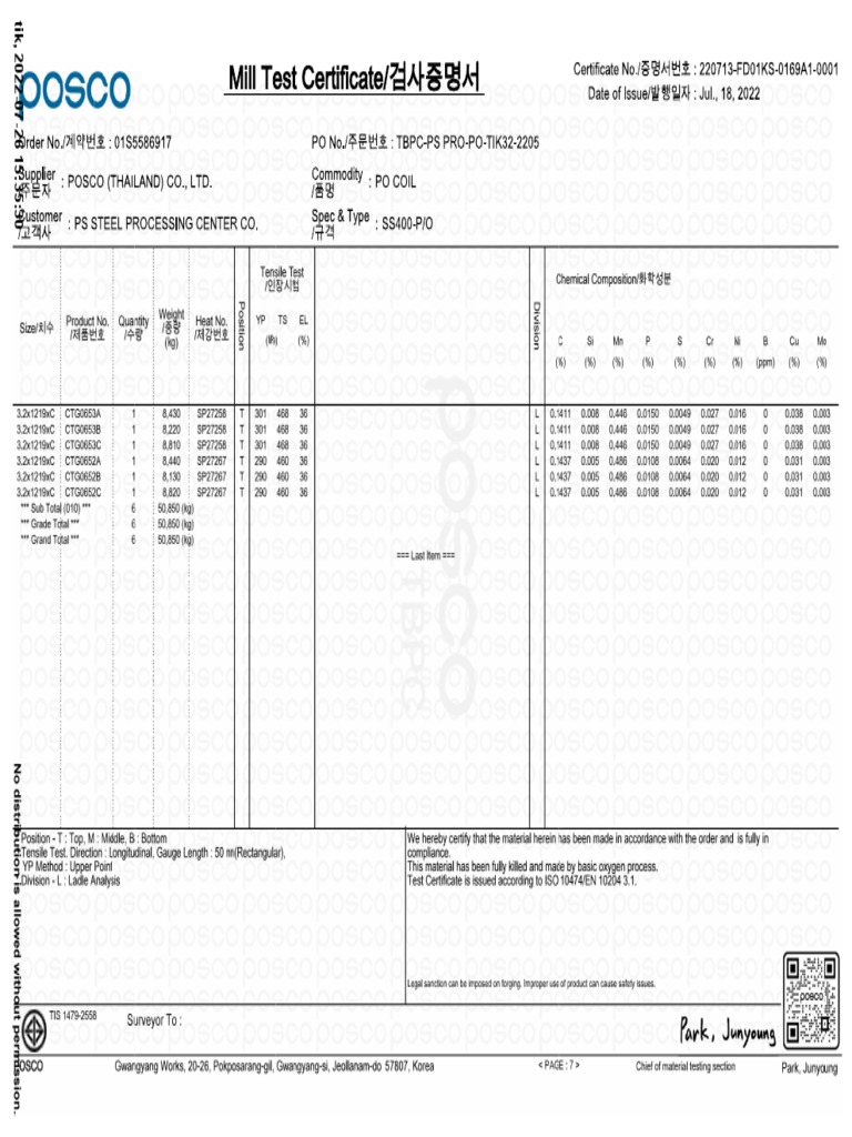 Mill Sheet SS400P T = 3.2 mm. PDF