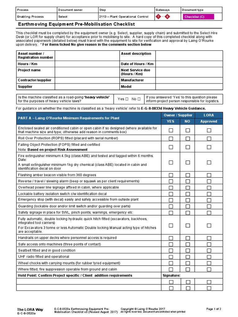 EC80520aEarthmovingEquipmentPreMobilisationChecklist PDF