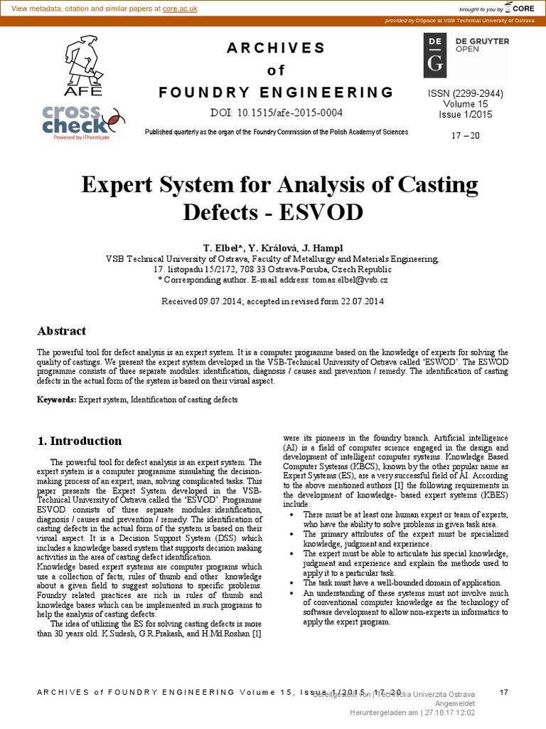 Expert System For Analysis of Casting Defects ESVOD Archives of