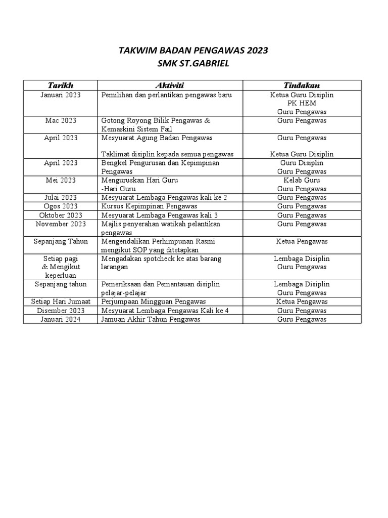 SMK ST. GABRIEL SCHOOL MONITORING BOARD 2023 CALENDAR PDF
