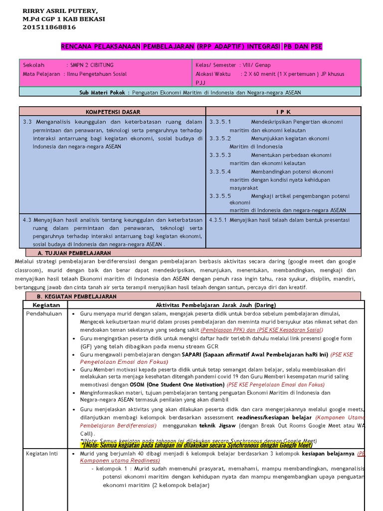 Contoh RPP PB Dan Pse | PDF | Karier & Perkembangan