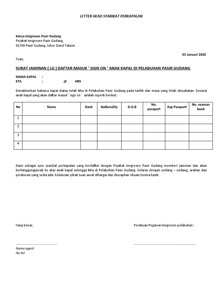Surat jaminan sign on PASIR GUDANG PDF