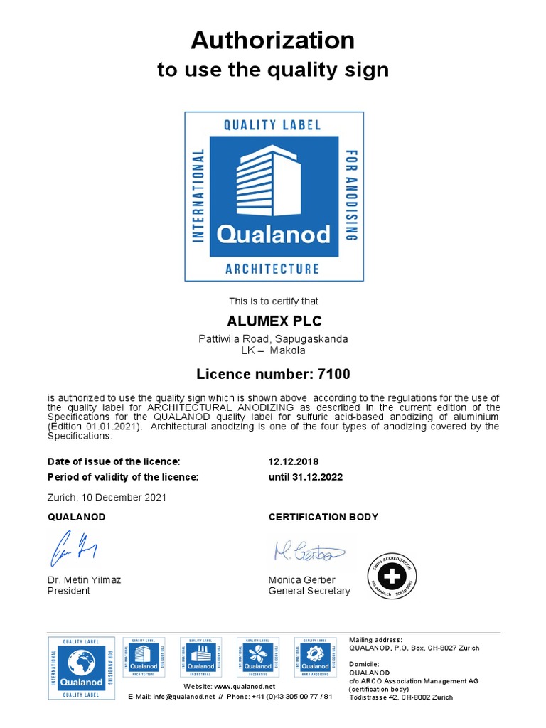 Qualanod Certificate | PDF