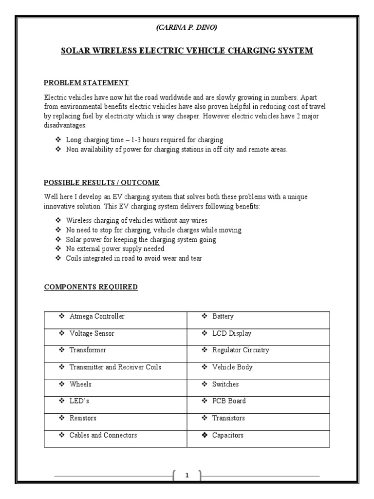 Solar Wireless Electric Vehicle Charging System Problem Statement