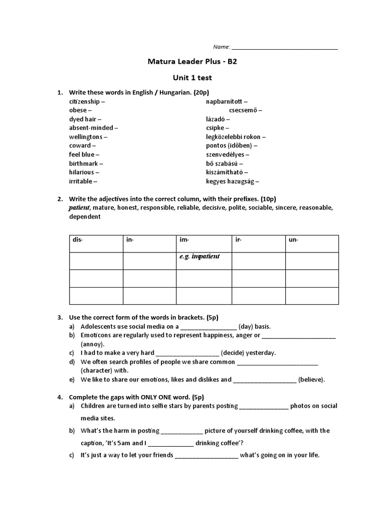 Matura Leader Plus B2 - Unit 1 Test | PDF | Cognitive Science ...