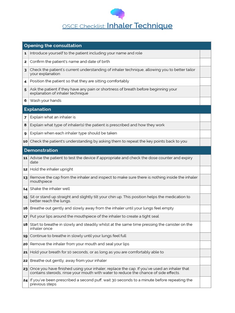 Inhaler Technique OSCE Checklist | PDF | Medical Treatments | Health Care