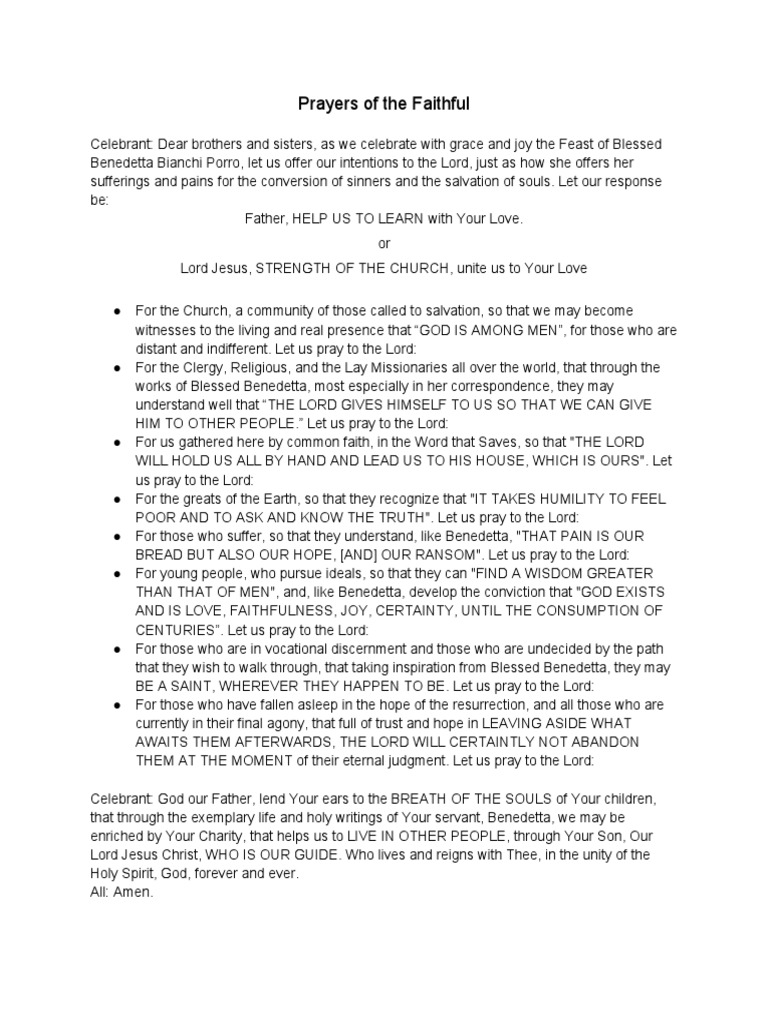 Prayers of The Faithful (Feast of Blessed Benedetta) PDF Prayer Salvation