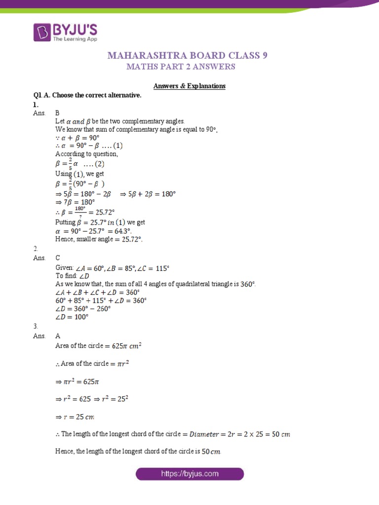 Maharashtra Board Class 9 Maths Part 2 Answers Explained | PDF ...