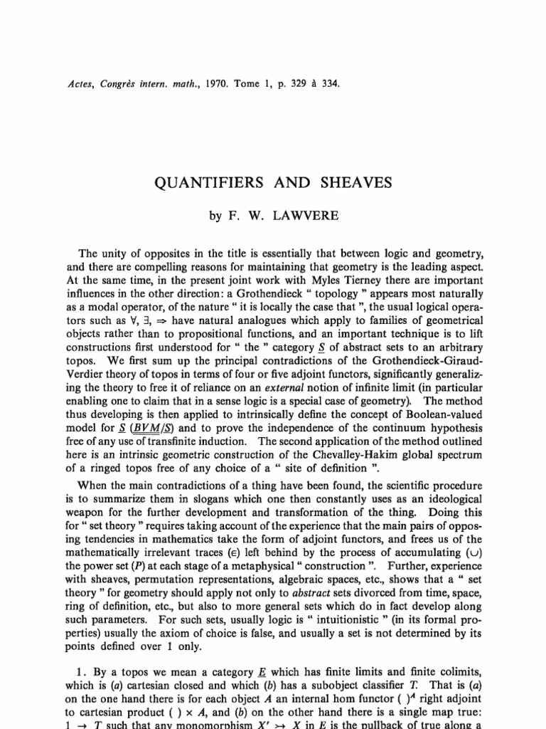 Lawvere Quantifiers and Sheaves Geometry Physics & Mathematics