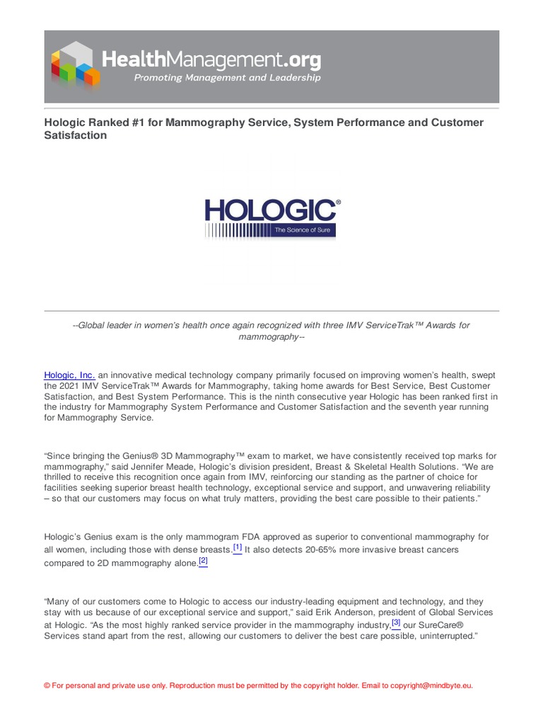 Hologic Ranked 1 For Mammography Service System Performance and