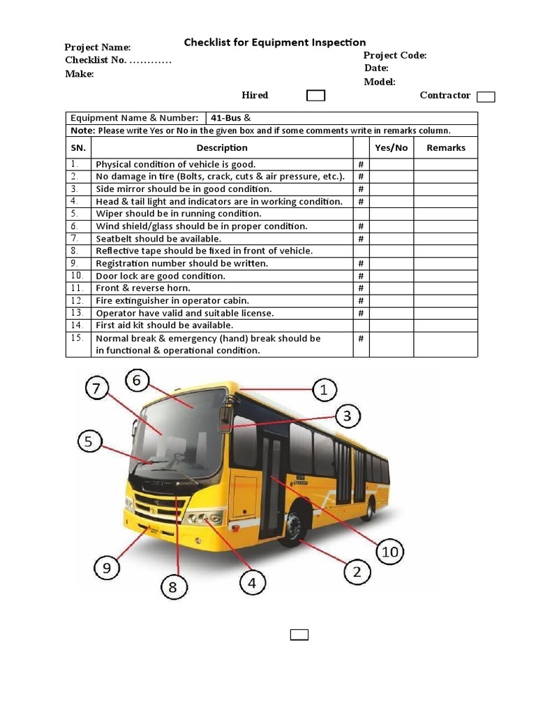 Checklist For Equipment Inspection Bus | PDF