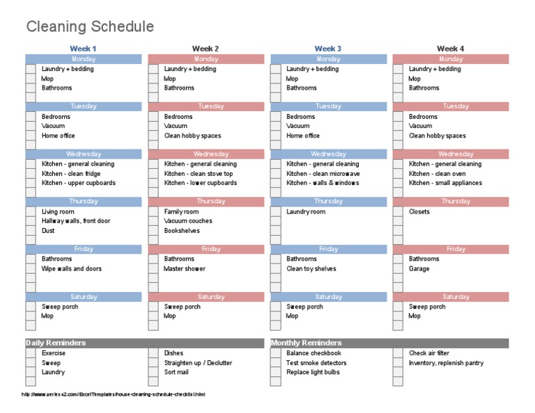 Cleaning Schedule PDF Kitchen Bedroom