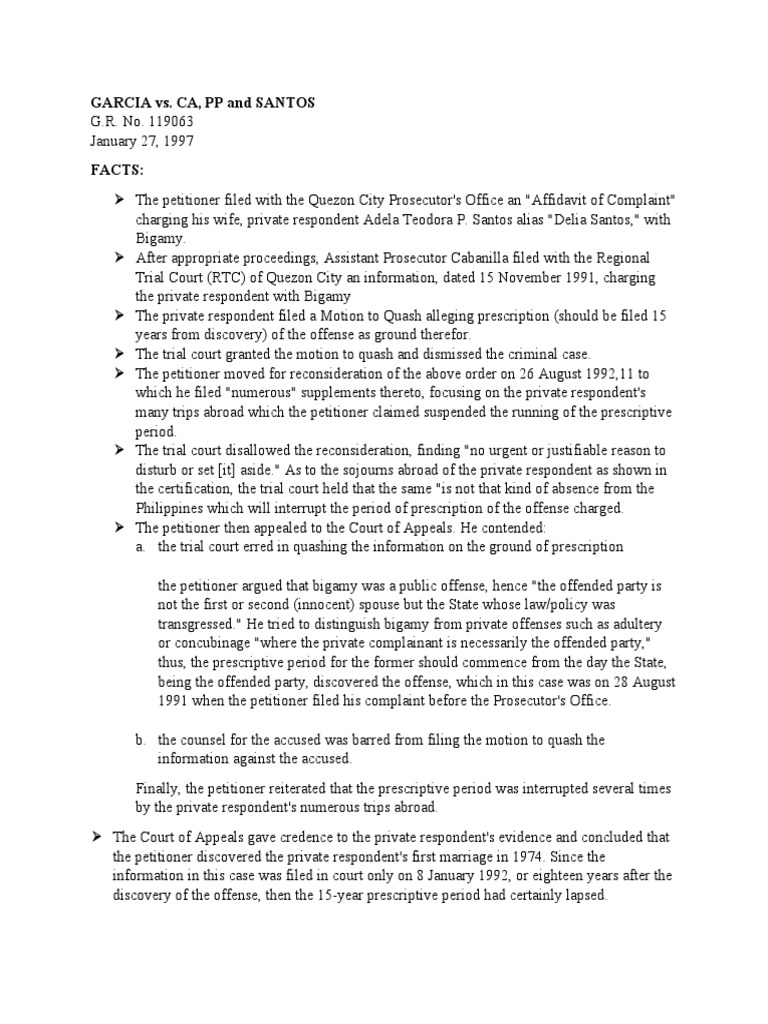 Motion To Quash GARCIA vs. CA PP and SANTOS PDF Statute Of