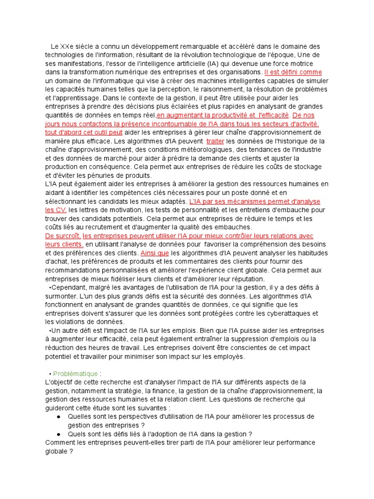 Impact de l'IA sur la gestion d'entreprise | PDF | Intelligence ...