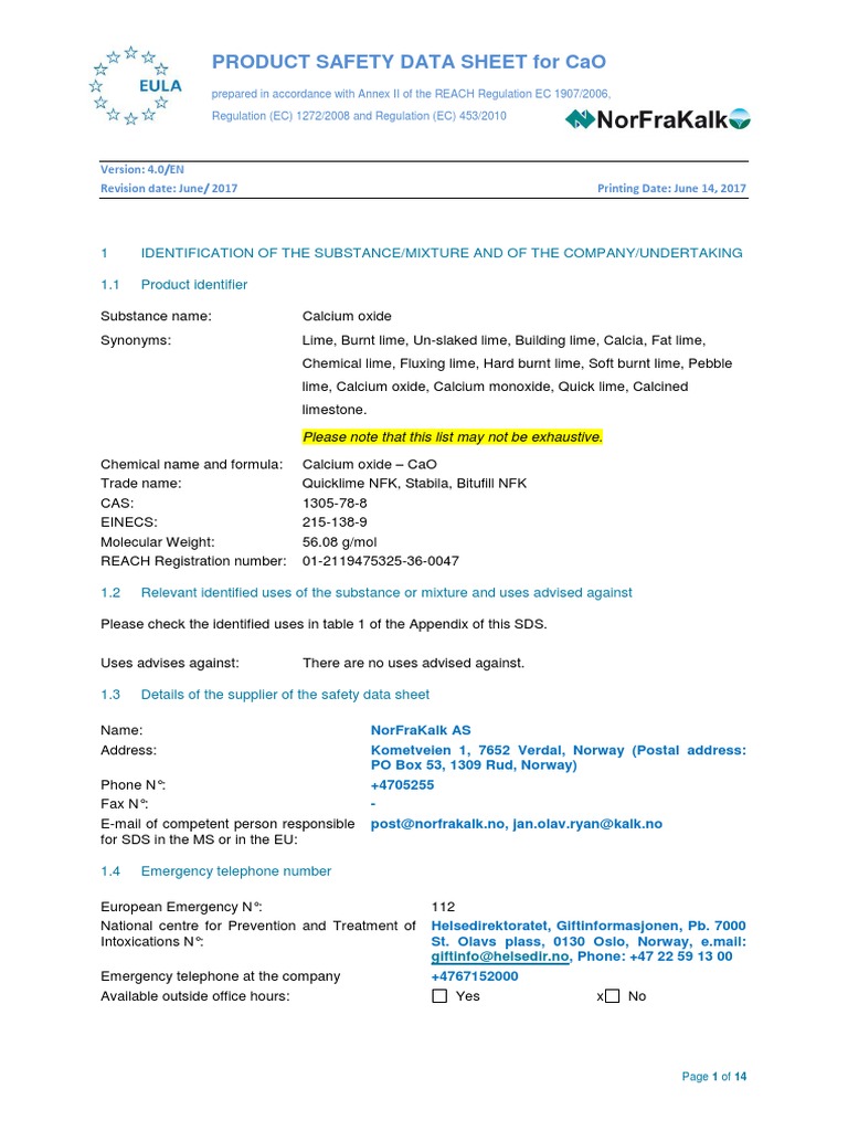 MSDS CaO | PDF | Personal Protective Equipment | Toxicity