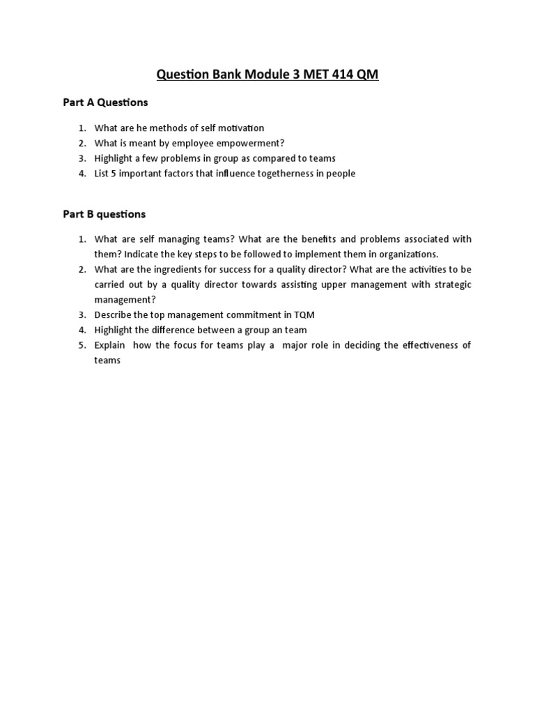 MET 414 QM Question Bank: Team Dynamics | PDF