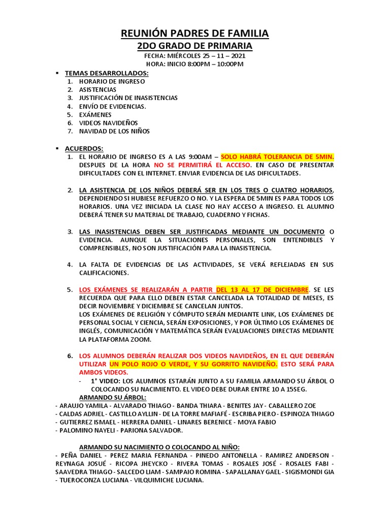 Acuerdos Ultima Reunión Padres de Familia | PDF