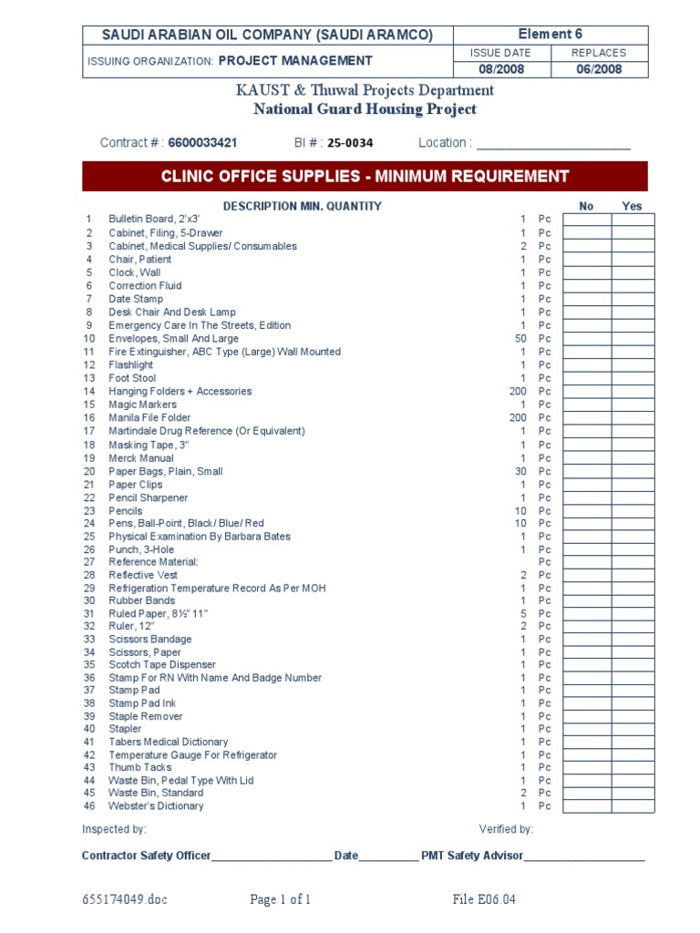 L6.04 Clinic Office Supplies Checklist PDF Manufactured Goods Equipment