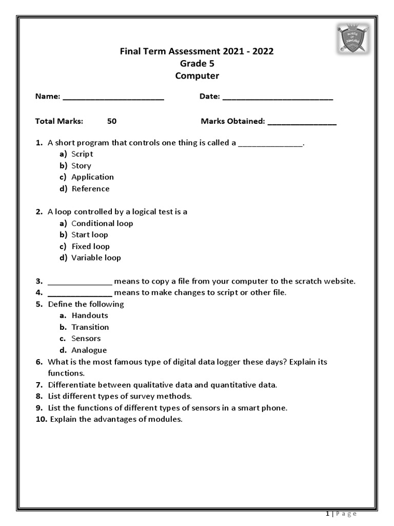 Grade 5 Computer Exam Questions | PDF