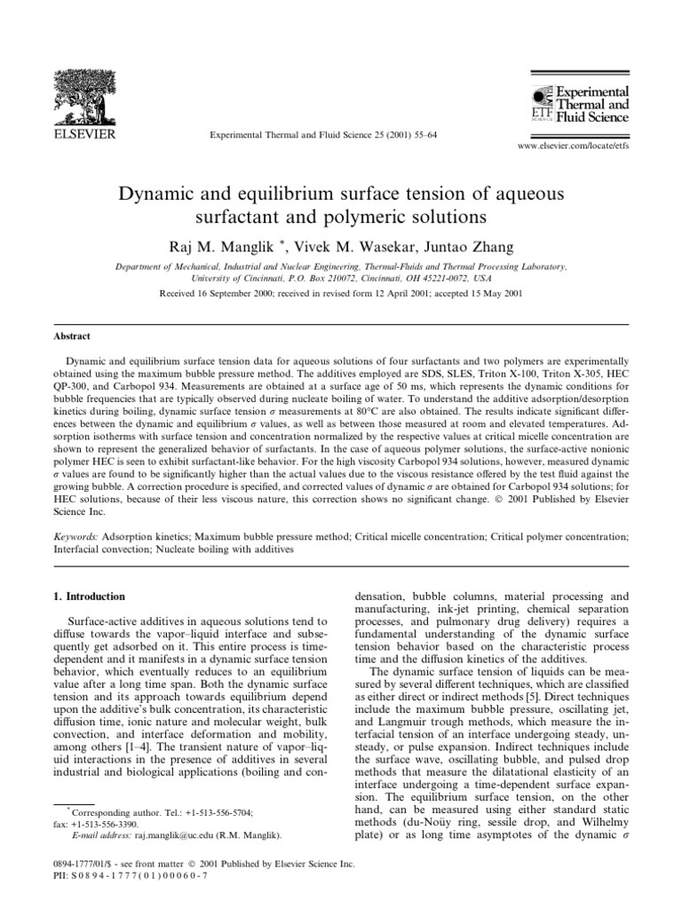 Dynamic and Equilibrium Surface Tension of Aqueous Surfactant and