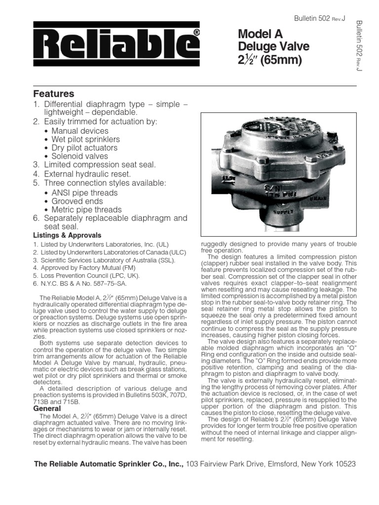 502 Model A Deluge Valve | PDF | Fire Sprinkler System | Valve