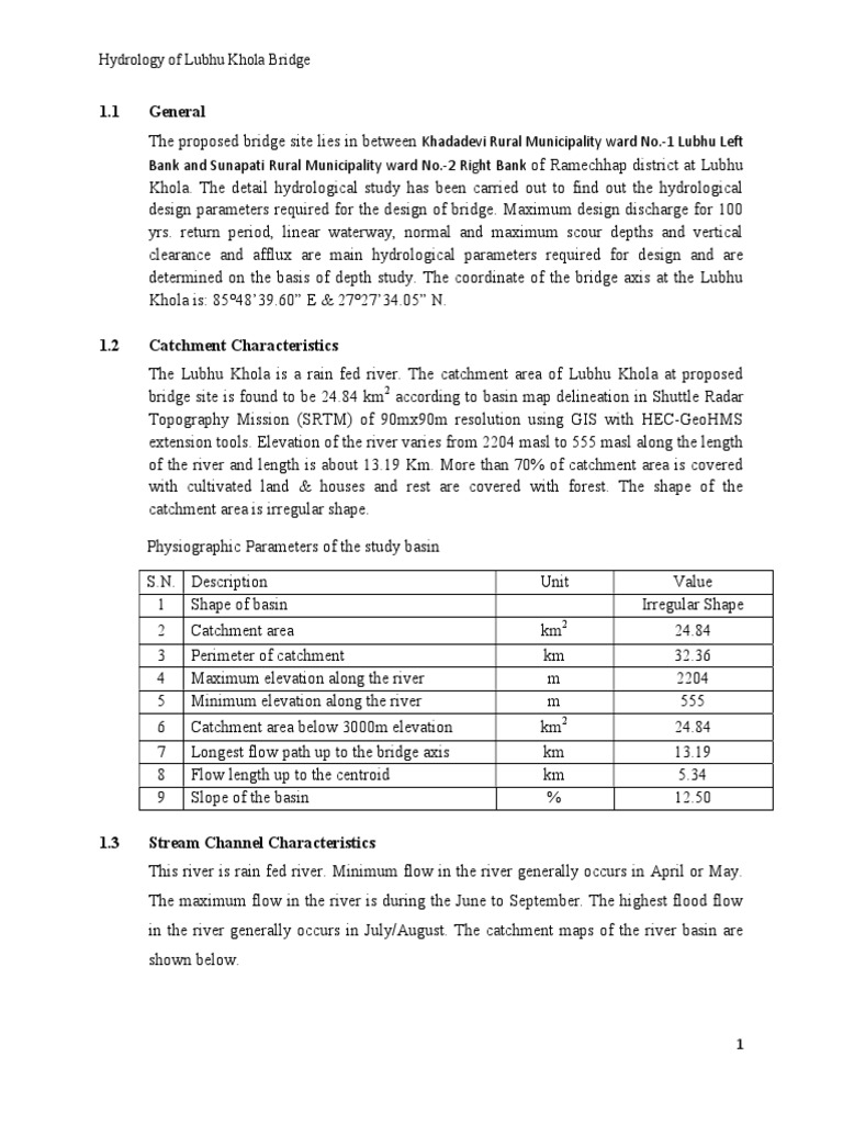 Hydrological Study for Lubhu Khola Bridge | PDF | Drainage Basin | River