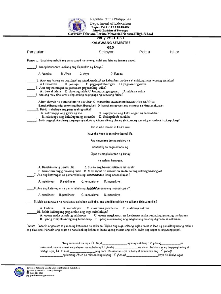 Pre Test G10 | PDF