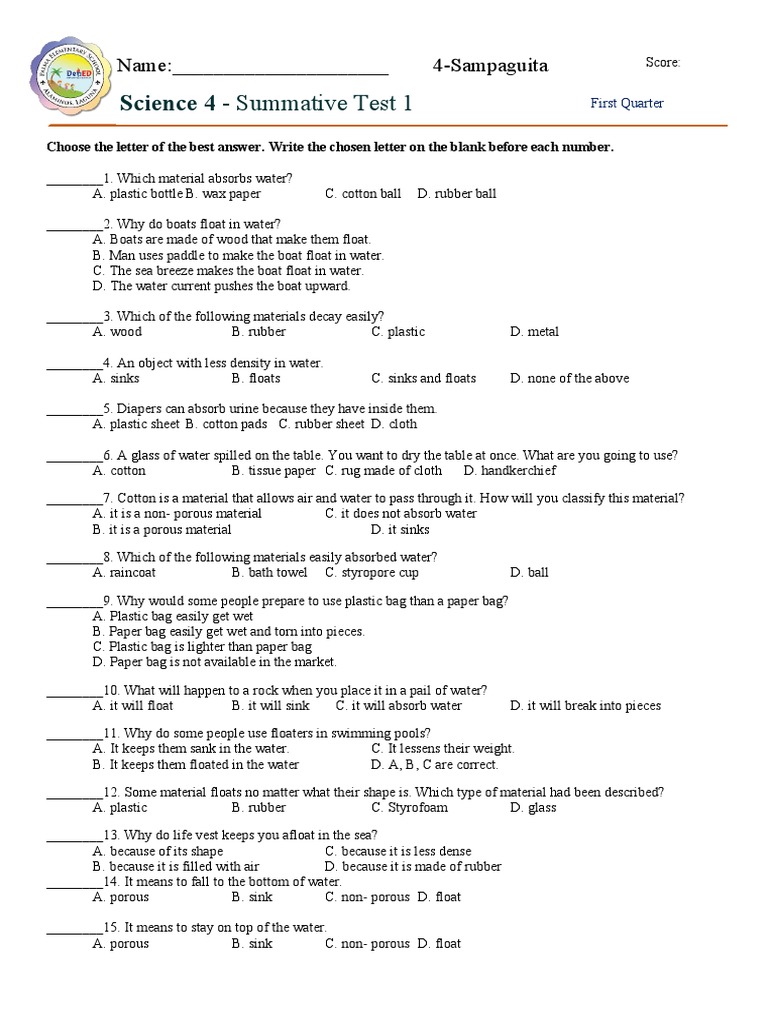 Science 4 First Quarter Test Papers | PDF | Mixture | Homogeneity And ...