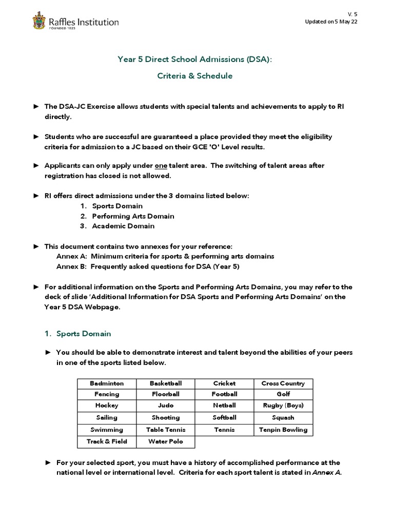 Year 5 DSA Criteria and Schedule | PDF