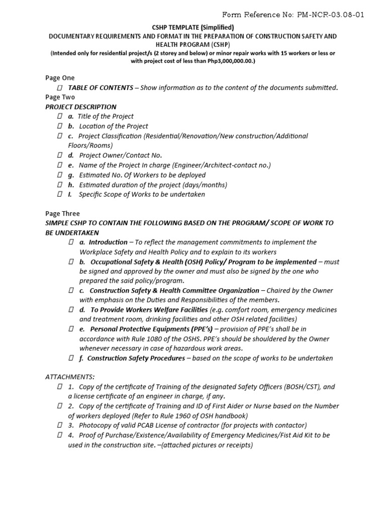 Simplified CSHP Template for Small Projects | PDF | Occupational Safety ...