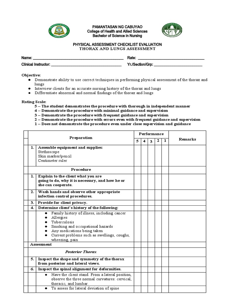 Thorax and Lungs Assessment Checklist | PDF | Thorax | Breast