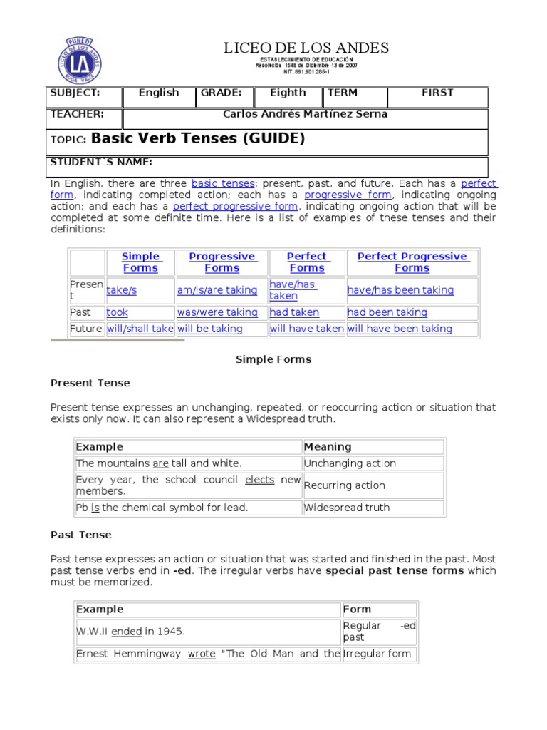 English Verb Tenses Guide for Eighth Grade | PDF | Grammatical Tense ...