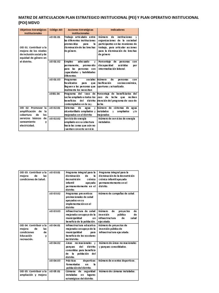Matriz de Articulacion Plan Estrategico Institucional - Final | PDF ...