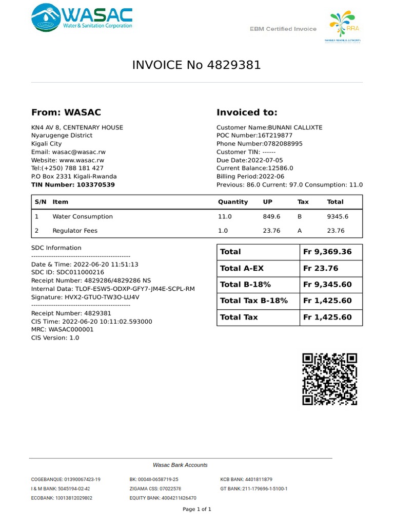 WASAC Invoice No. 4829381 | PDF