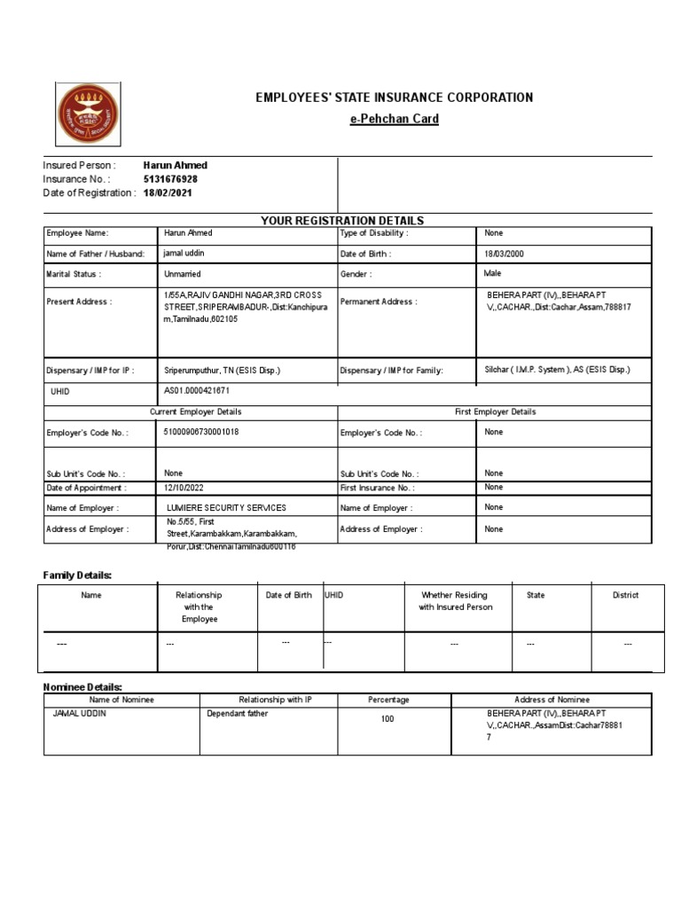 Employees state insurance corporation e pehchan card insured person