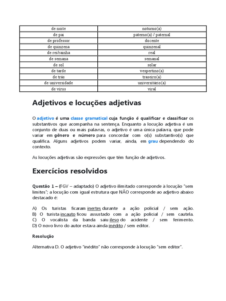 Locuções Adjetivas e Adjetivos Explicados | PDF