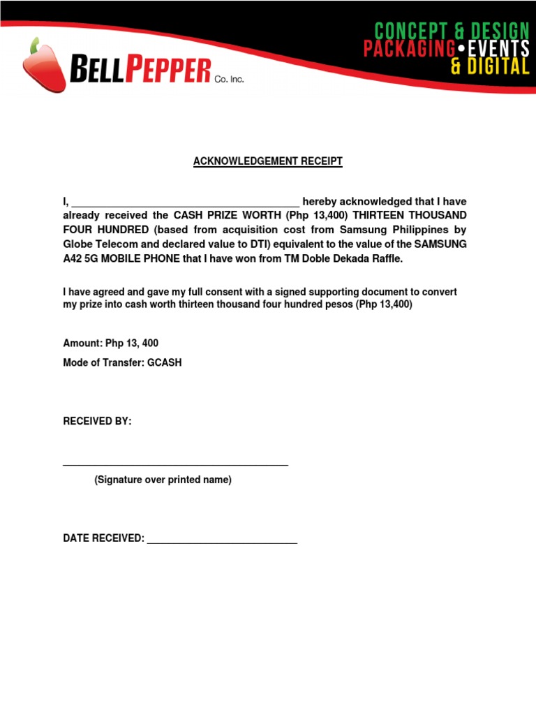 Prize Receipt for TM Raffle Winner | PDF | Finance & Money Management