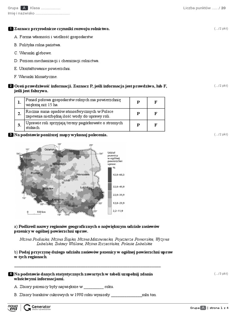 Sprawdzian Geografia Klasa 7 Rolnictwo I Przemysł Polski Rolnictwo i przemysł Polski | PDF